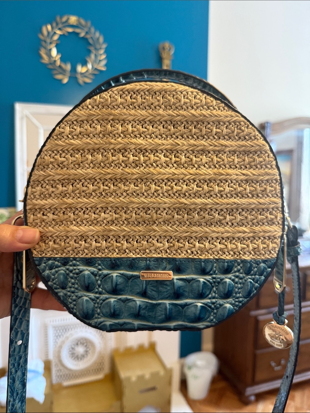 Brahmin Teal Croc-Texture Straw Round Crossbody Bag